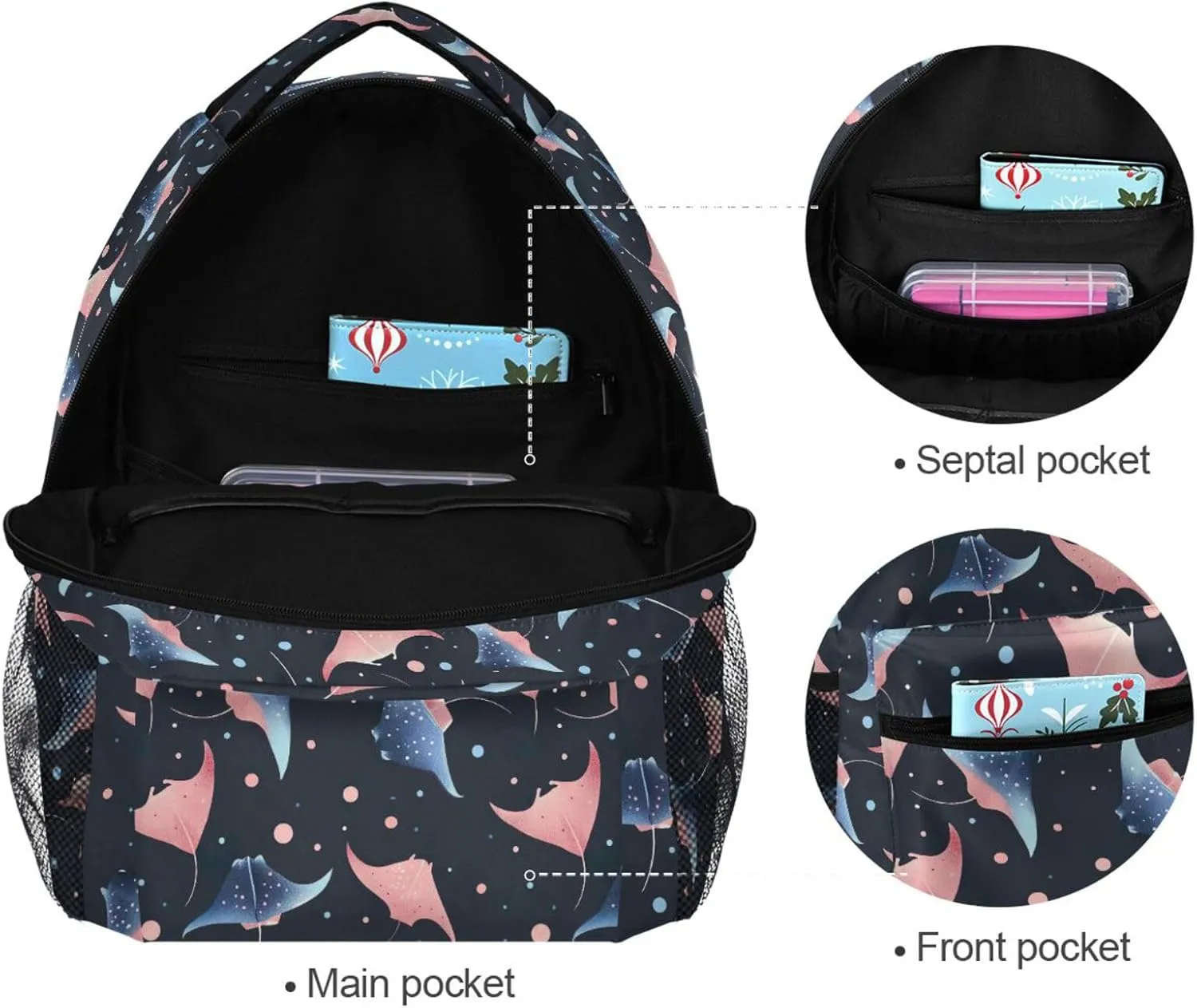 Backpack for Boys Girls Cute Manta Ray Pattern Shoulder Bag Elementary Middle High School Bookbag Laptop Bags Casual Daypack Rucksack for Men Women Teens Outdoor Travel M