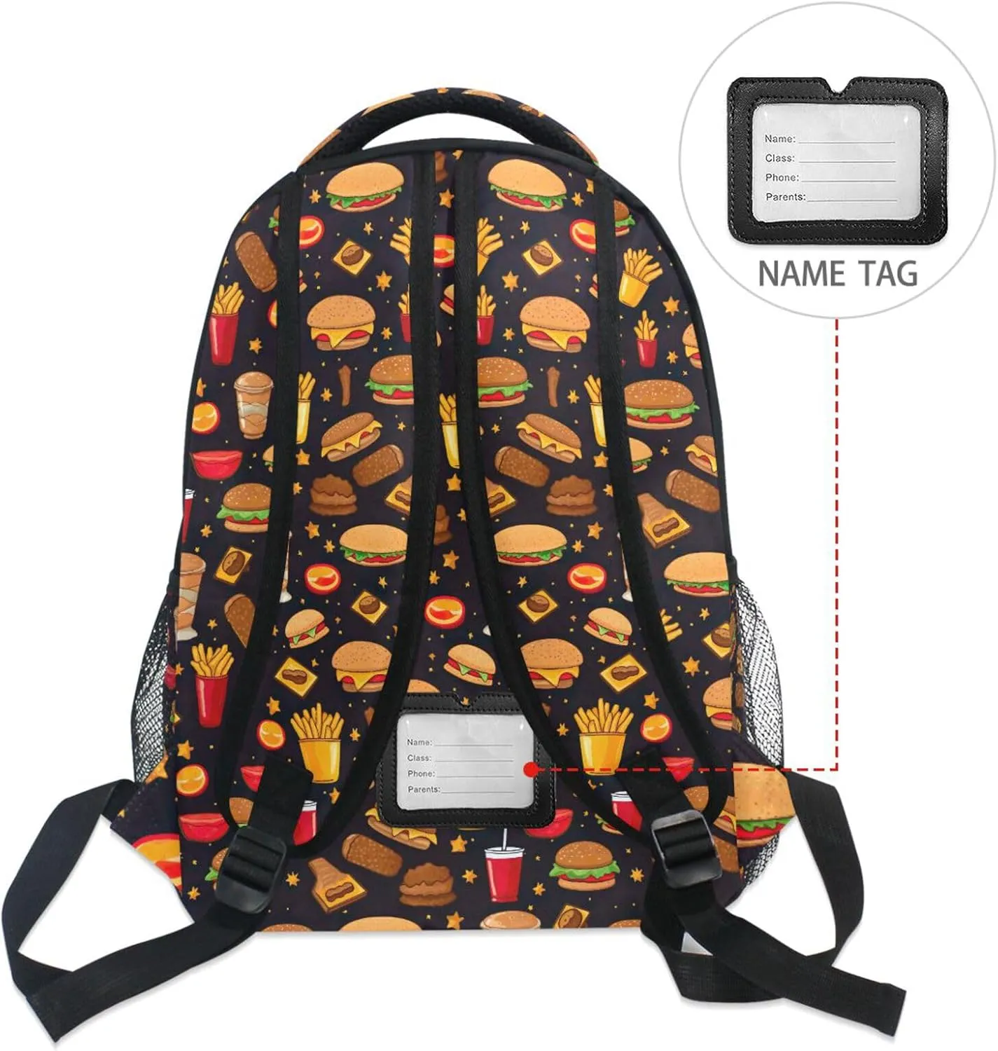Backpack for Boys Girls Funny Fast Food Burger Pattern Shoulder Bag Elementary Middle High School Bookbag Laptop Bags Casual Daypack Rucksack for Men Women Teens Outdoor Travel M
