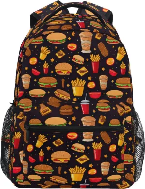 Backpack for Boys Girls Funny Fast Food Burger Pattern Shoulder Bag Elementary Middle High School Bookbag Laptop Bags Casual Daypack Rucksack for Men Women Teens Outdoor Travel M