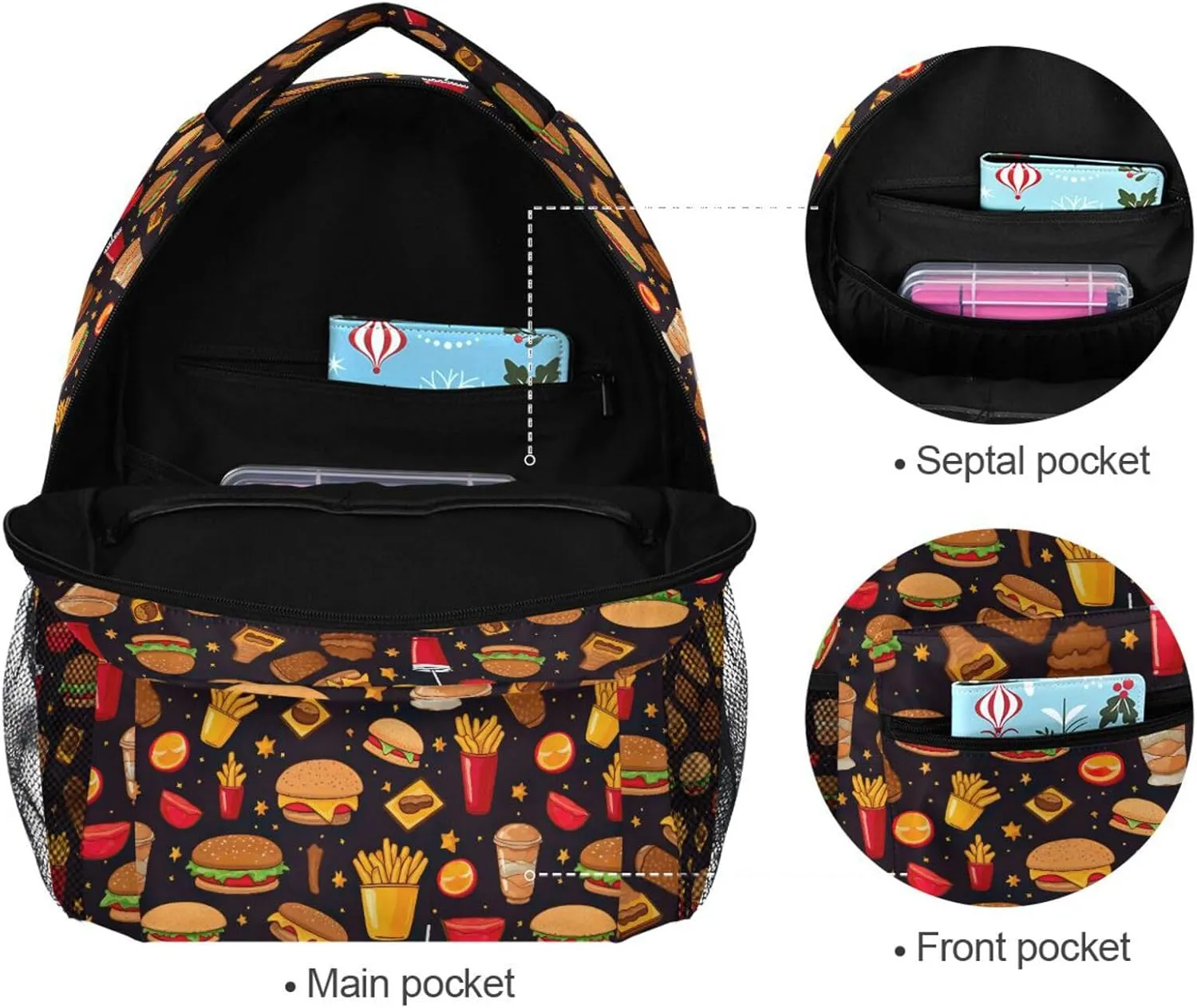 Backpack for Boys Girls Funny Fast Food Burger Pattern Shoulder Bag Elementary Middle High School Bookbag Laptop Bags Casual Daypack Rucksack for Men Women Teens Outdoor Travel M