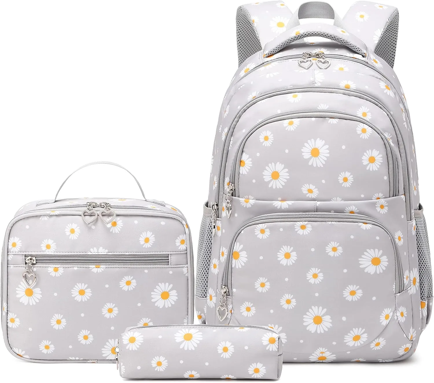 Backpack for Girls Kids Bookbag Primary School Daypack Teens Girls Bags with Lunch Box set (Daisy Grey)