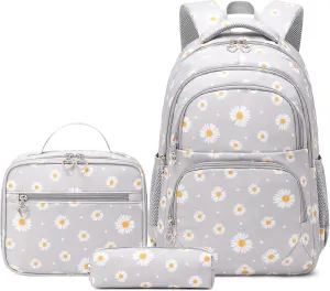 Backpack for Girls Kids Bookbag Primary School Daypack Teens Girls Bags with Lunch Box set (Daisy Grey)