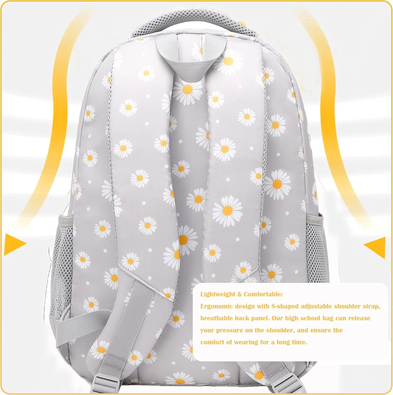 Backpack for Girls Kids Bookbag Primary School Daypack Teens Girls Bags with Lunch Box set (Daisy Grey)