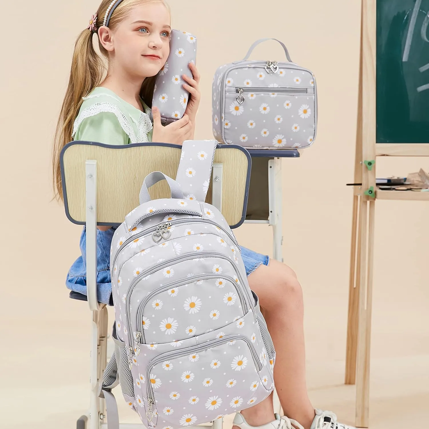 Backpack for Girls Kids Bookbag Primary School Daypack Teens Girls Bags with Lunch Box set (Daisy Grey)