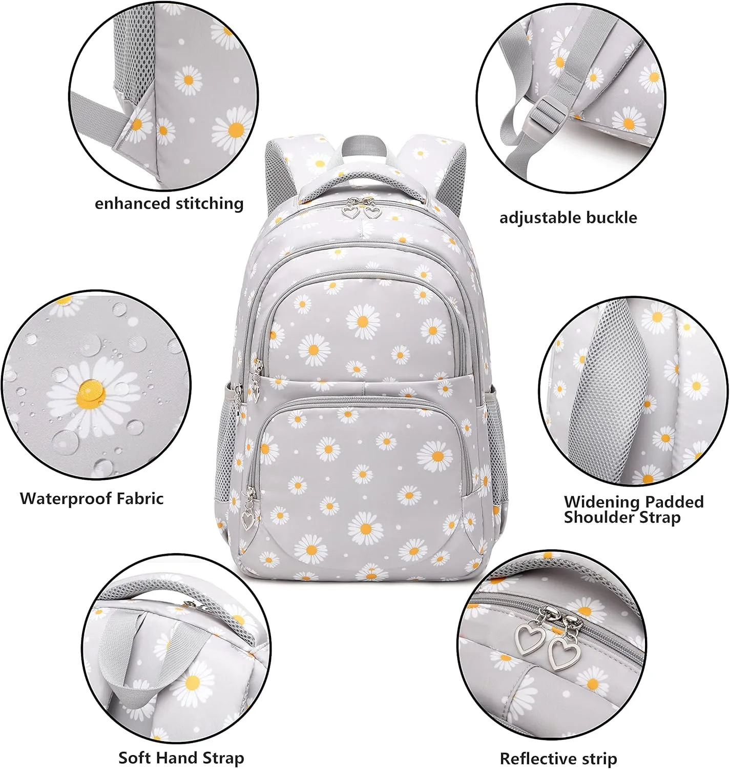 Backpack for Girls Kids Bookbag Primary School Daypack Teens Girls Bags with Lunch Box set (Daisy Grey)