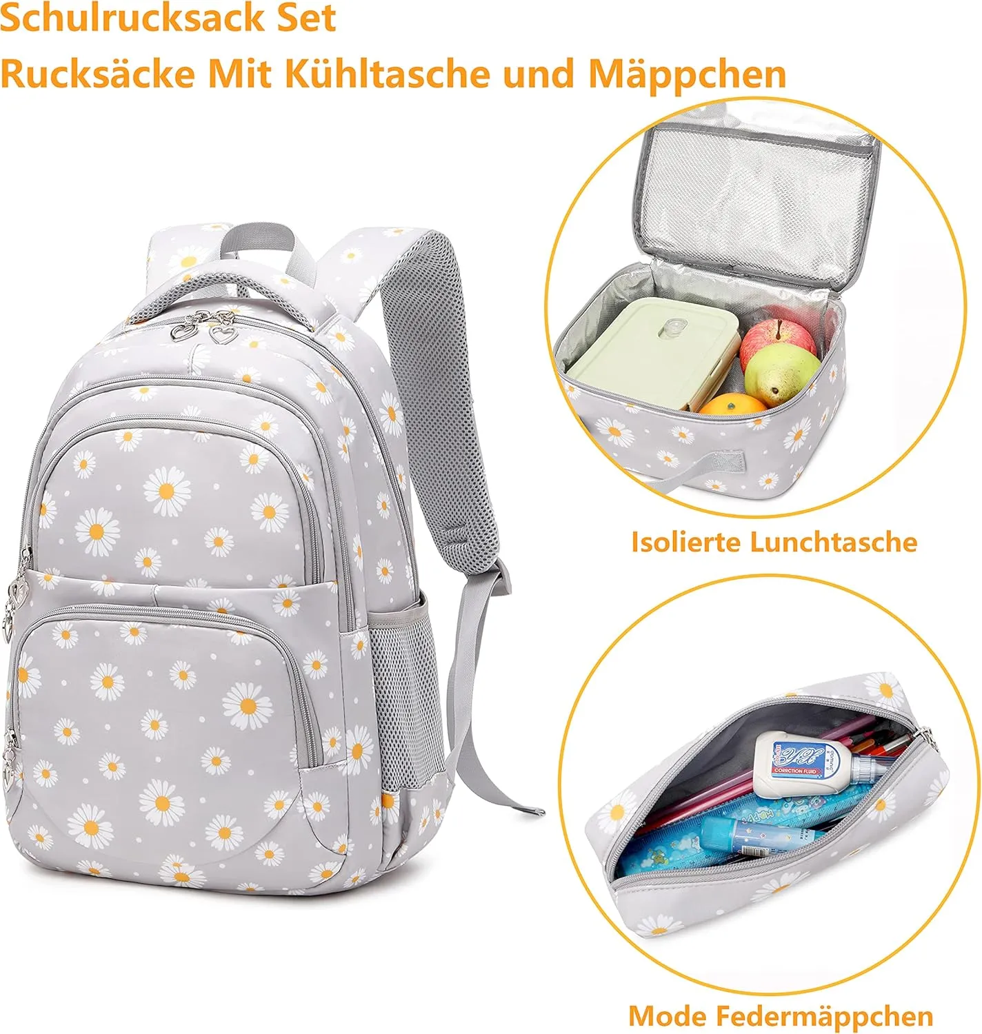 Backpack for Girls Kids Bookbag Primary School Daypack Teens Girls Bags with Lunch Box set (Daisy Grey)