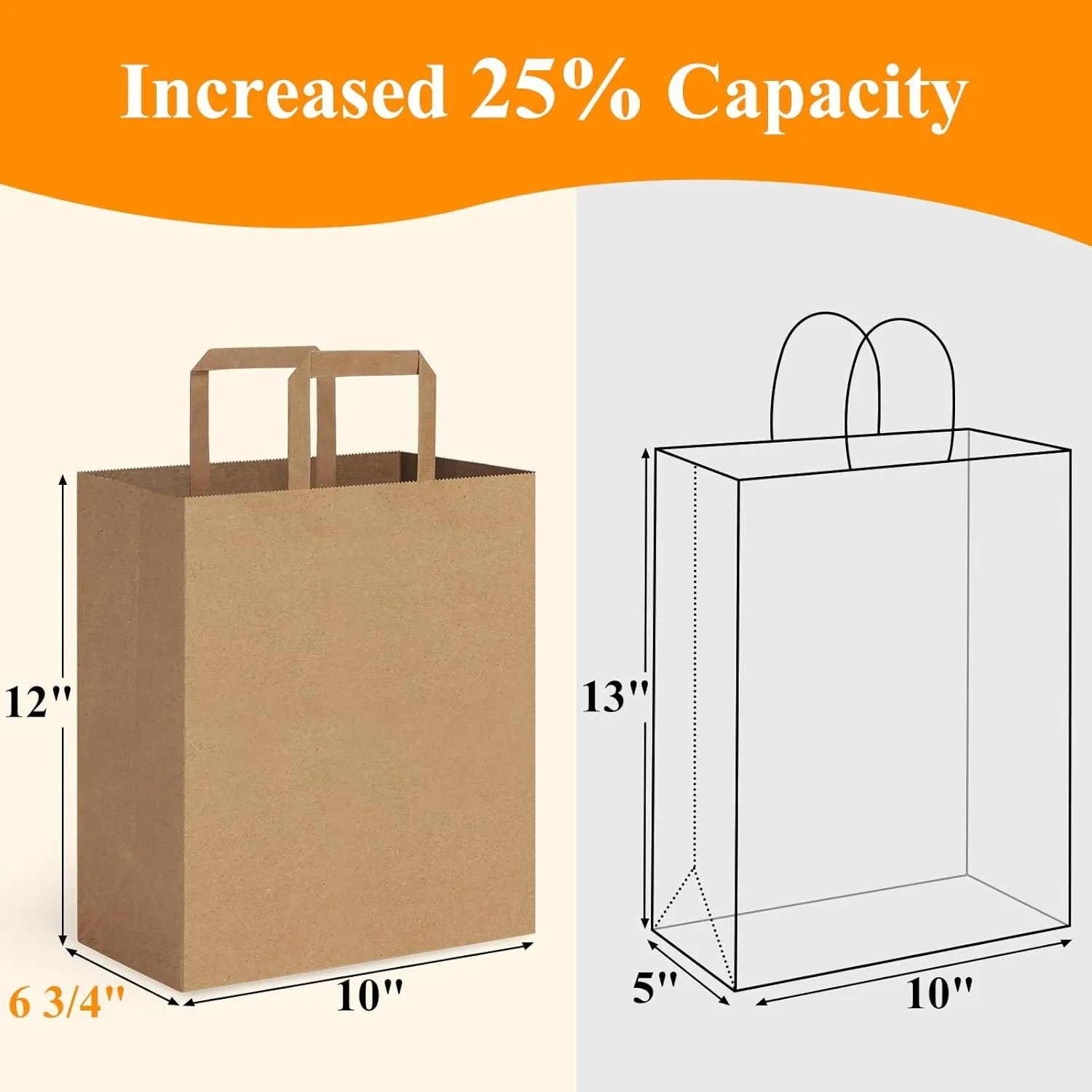 BagDream 100Pack 10x6.75x12 Kraft Brown Paper Bags with Handles Bulk, Shopping Merchandise Retail To Go Bags for Takeout Containers, Flat Handles Wider-gusset Recycled Gift Bags