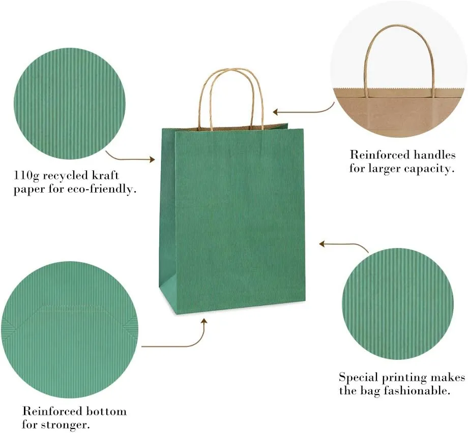 BagDream Shopping Bags 8x4.25x10.5 Inches 100Pcs Gift Kraft Paper Bags With Handles - Green Stripe, 100% Recycled, Bulk Retail
