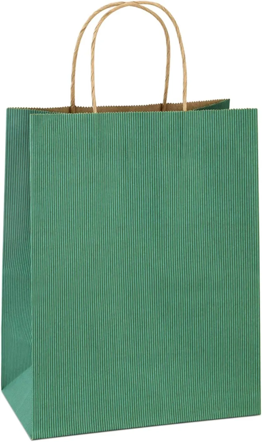BagDream Shopping Bags 8x4.25x10.5 Inches 100Pcs Gift Kraft Paper Bags With Handles - Green Stripe, 100% Recycled, Bulk Retail