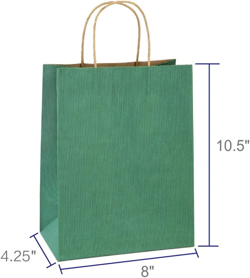 BagDream Shopping Bags 8x4.25x10.5 Inches 100Pcs Gift Kraft Paper Bags With Handles - Green Stripe, 100% Recycled, Bulk Retail