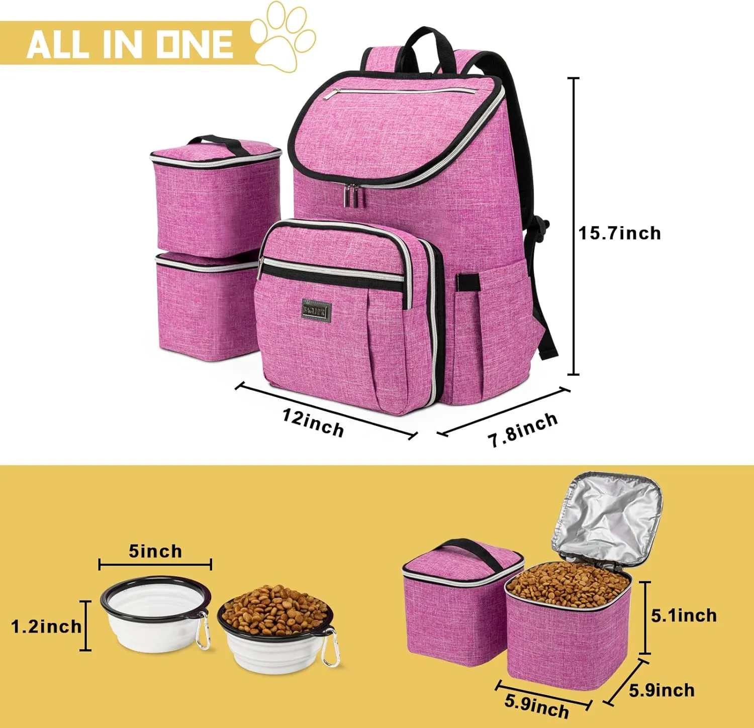 BAGLHER Travel Dog Backpack - Detachable Travel Dog Food Container for Pet Supplies Dog Gear Backpack,Dog Bag for Traveling with 2 Silicone Collapsible Bowls and 2 Food Baskets Pink