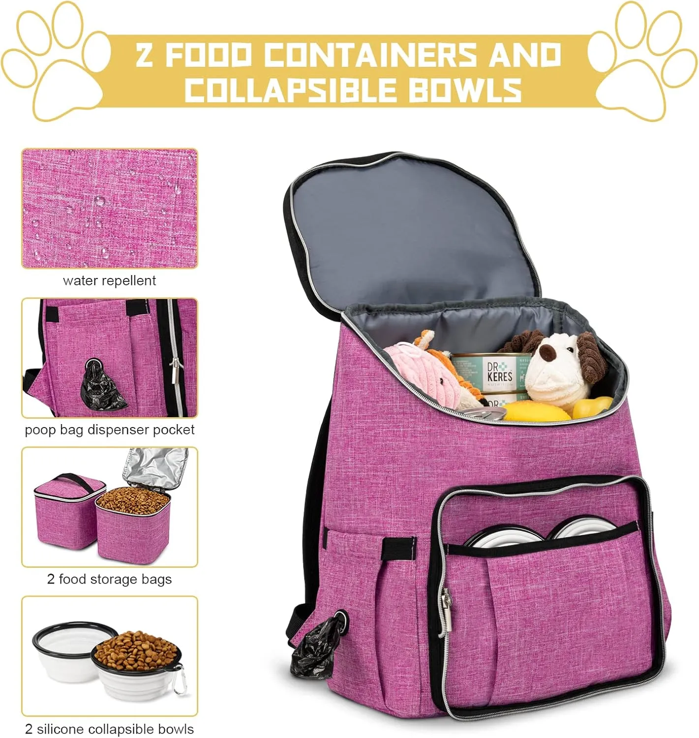 BAGLHER Travel Dog Backpack - Detachable Travel Dog Food Container for Pet Supplies Dog Gear Backpack,Dog Bag for Traveling with 2 Silicone Collapsible Bowls and 2 Food Baskets Pink