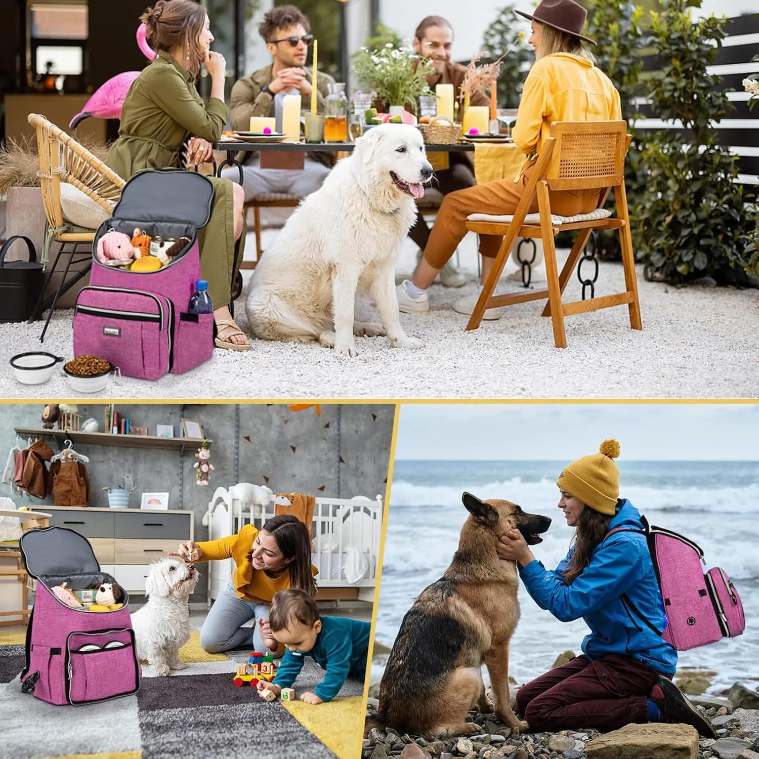 BAGLHER Travel Dog Backpack - Detachable Travel Dog Food Container for Pet Supplies Dog Gear Backpack,Dog Bag for Traveling with 2 Silicone Collapsible Bowls and 2 Food Baskets Pink