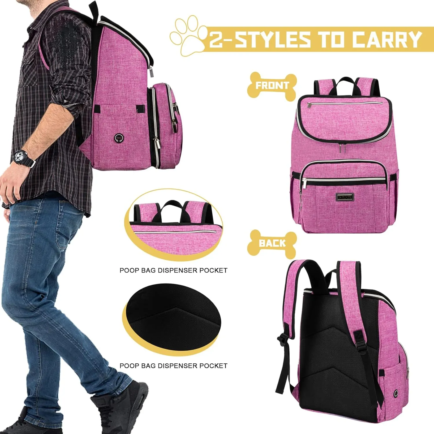BAGLHER Travel Dog Backpack - Detachable Travel Dog Food Container for Pet Supplies Dog Gear Backpack,Dog Bag for Traveling with 2 Silicone Collapsible Bowls and 2 Food Baskets Pink