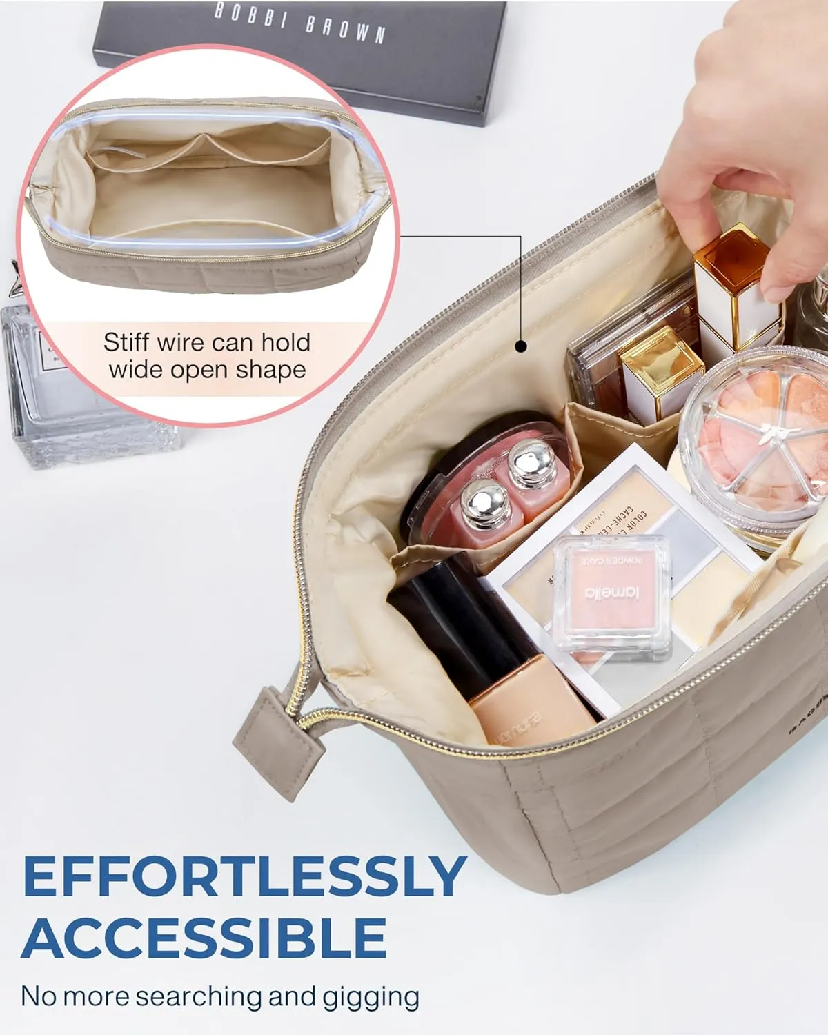BAGSMART Makeup Bag Travel Toiletry Bag, Puffy Padded Make Up Bags for Women Makeup Organizer Case, Wide-open Pouch Purse Travel Essentials Toiletries Accessories Brushes, Camel