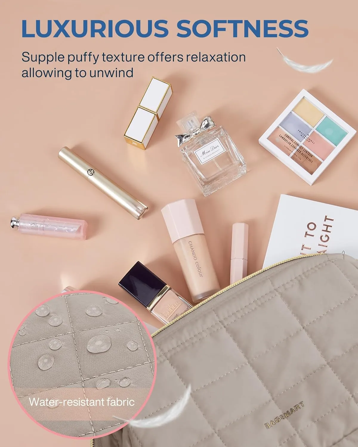 BAGSMART Makeup Bag Travel Toiletry Bag, Puffy Padded Make Up Bags for Women Makeup Organizer Case, Wide-open Pouch Purse Travel Essentials Toiletries Accessories Brushes, Camel