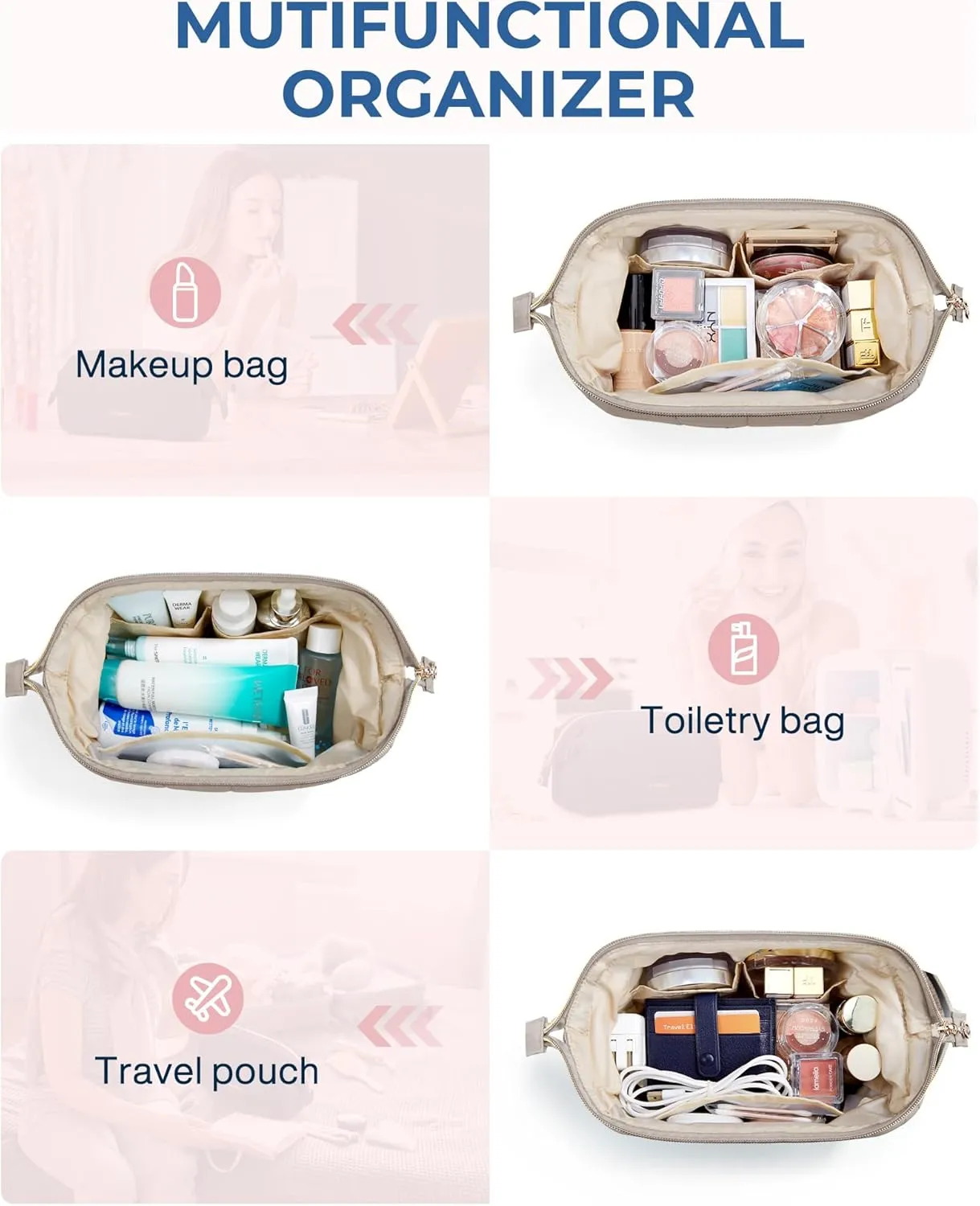 BAGSMART Makeup Bag Travel Toiletry Bag, Puffy Padded Make Up Bags for Women Makeup Organizer Case, Wide-open Pouch Purse Travel Essentials Toiletries Accessories Brushes, Camel