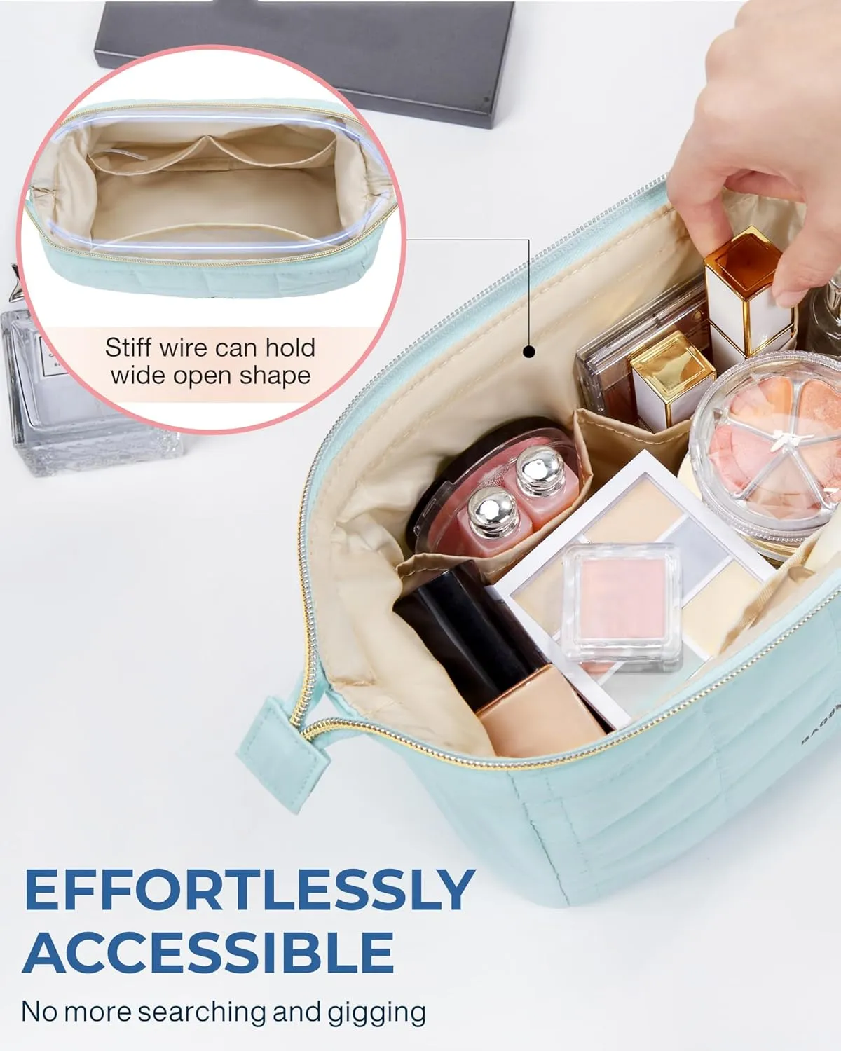 BAGSMART Makeup Bag Travel Toiletry Bag, Puffy Padded Make Up Bags for Women Makeup Organizer Case, Wide-open Pouch Purse Travel Essentials Toiletries Accessories Brushes, Light Blue