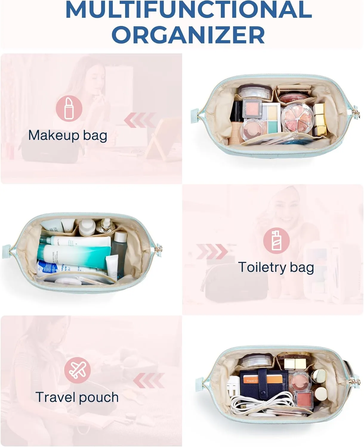 BAGSMART Makeup Bag Travel Toiletry Bag, Puffy Padded Make Up Bags for Women Makeup Organizer Case, Wide-open Pouch Purse Travel Essentials Toiletries Accessories Brushes, Light Blue