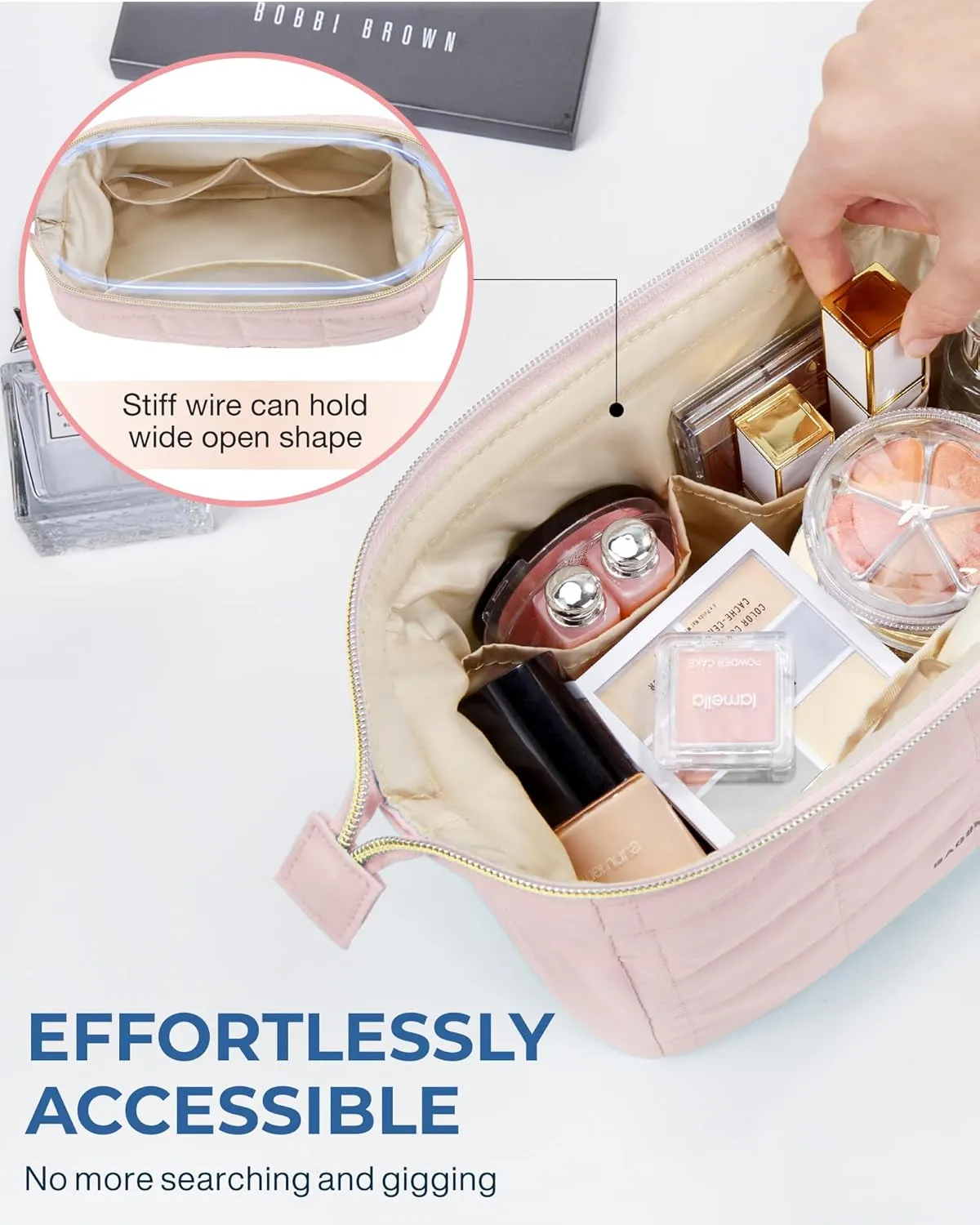 BAGSMART Makeup Bag Travel Toiletry Bag, Puffy Padded Make Up Bags for Women Makeup Organizer Case, Wide-open Pouch Purse Travel Essentials Toiletries Accessories Brushes, Pink