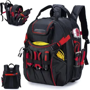BAGZY 52 Pockets Tool Bag Backpack for Men Storage Organization Tool Bags Heavy Duty with Waterproof Molded Base for Electrician, Repairman Industrial & Construction Work, Red