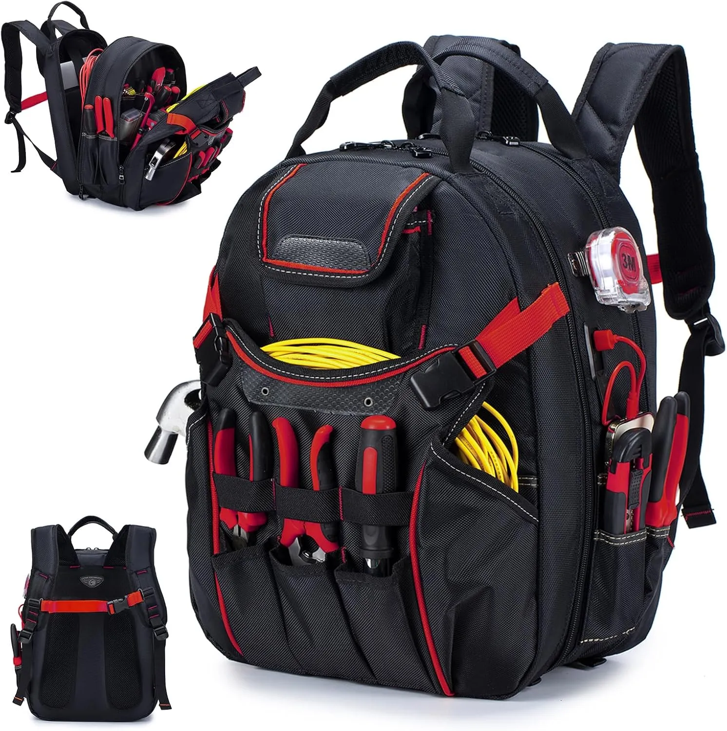 BAGZY 52 Pockets Tool Bag Backpack for Men Storage Organization Tool Bags Heavy Duty with Waterproof Molded Base for Electrician, Repairman Industrial & Construction Work, Red