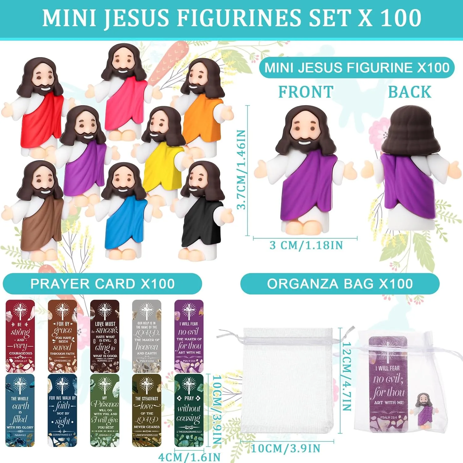 Barydat 100 Sets Mini Jesus Figurines Bulk Easter Gift Little Jesus Figures Tiny Toys Christ Savior Doll with Cards Bags for Religious Party Favors Sunday School Baptism Gift(Classic Style)