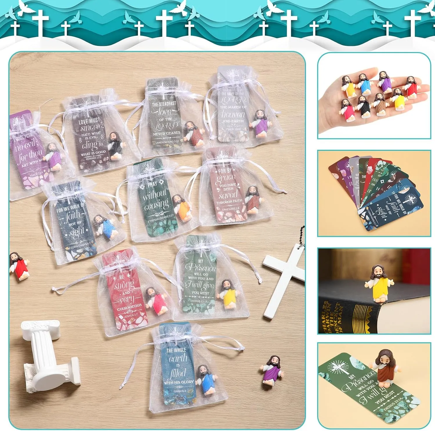 Barydat 100 Sets Mini Jesus Figurines Bulk Easter Gift Little Jesus Figures Tiny Toys Christ Savior Doll with Cards Bags for Religious Party Favors Sunday School Baptism Gift(Classic Style)