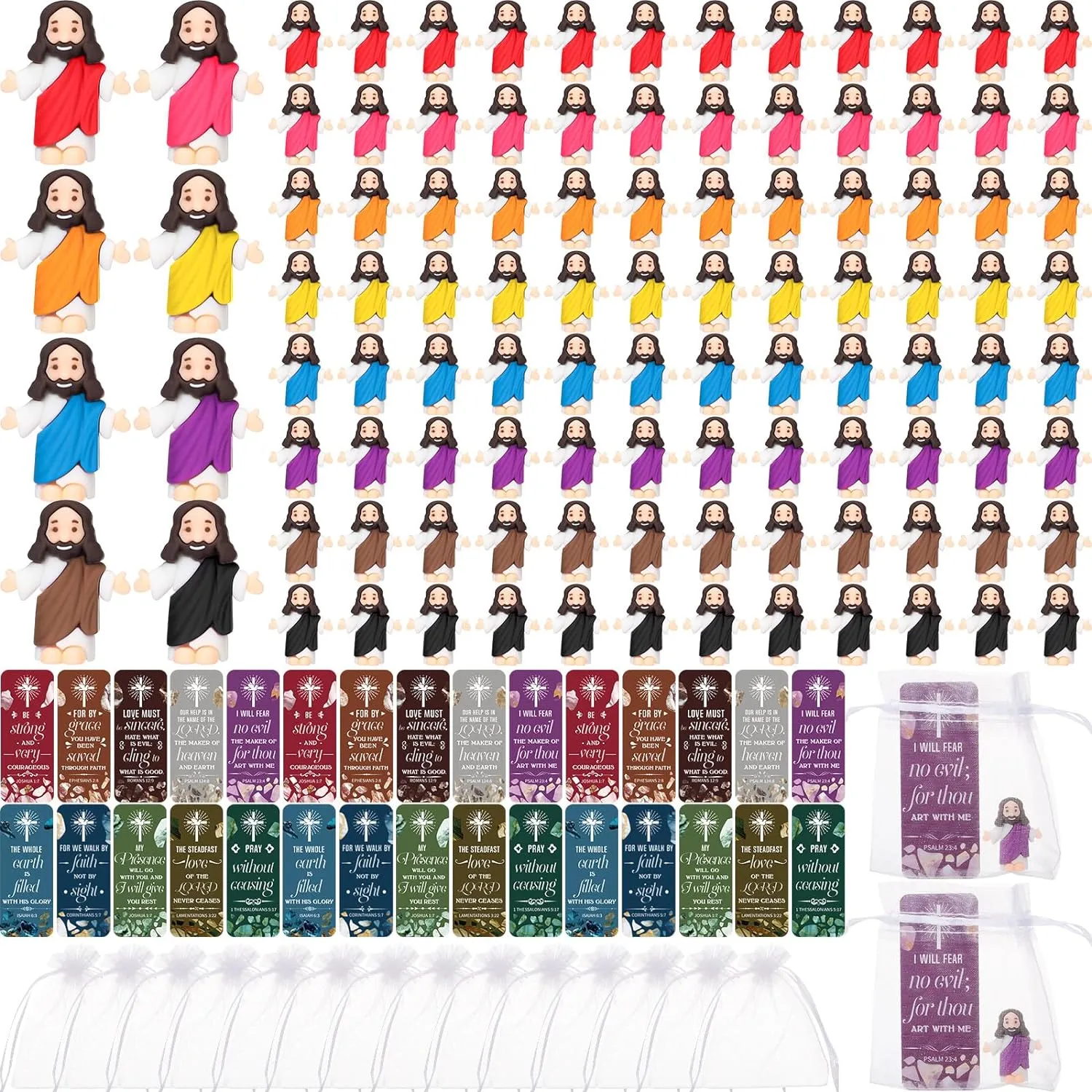 Barydat 100 Sets Mini Jesus Figurines Bulk Easter Gift Little Jesus Figures Tiny Toys Christ Savior Doll with Cards Bags for Religious Party Favors Sunday School Baptism Gift(Classic Style)