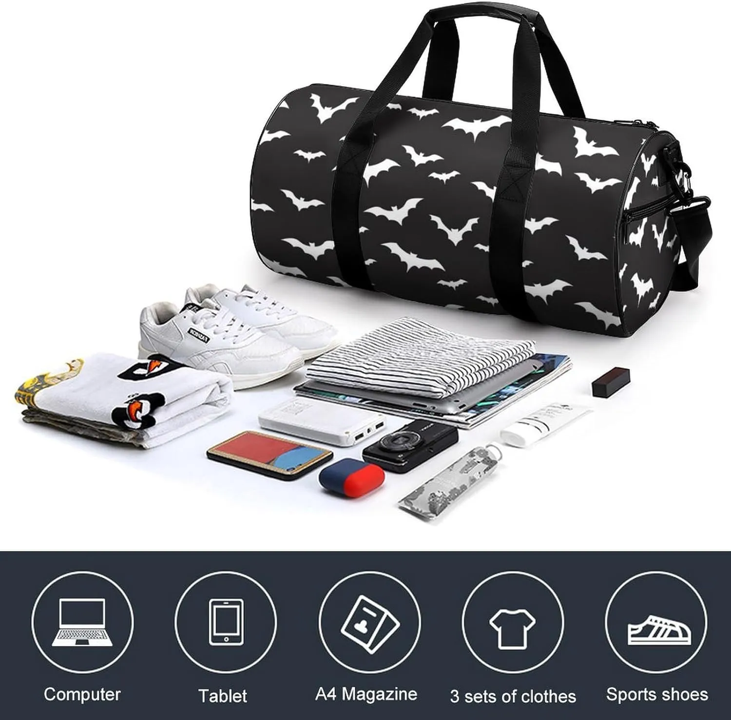 Bats Duffelbag Outdoor Tote Bag Cylindrical Duffelbags Picnic Bags Gym Satchel Travel Handbag Sports Duffel Bags 17.7in/9in/9in