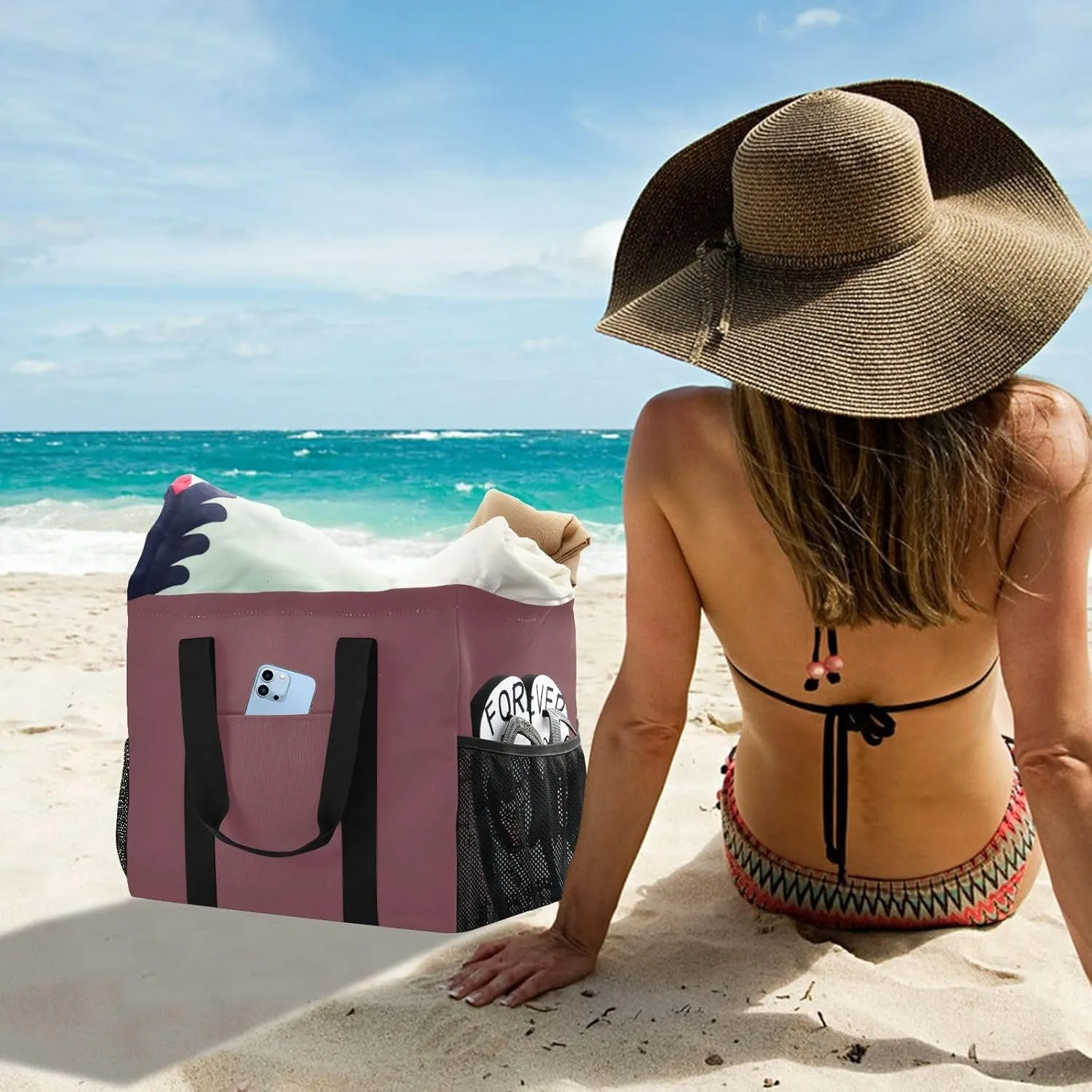Beach Bag for Women Beige Large Canvas Tote Bag Sandproof Pool Bags with Pocket for Pool Travel Gym Beach