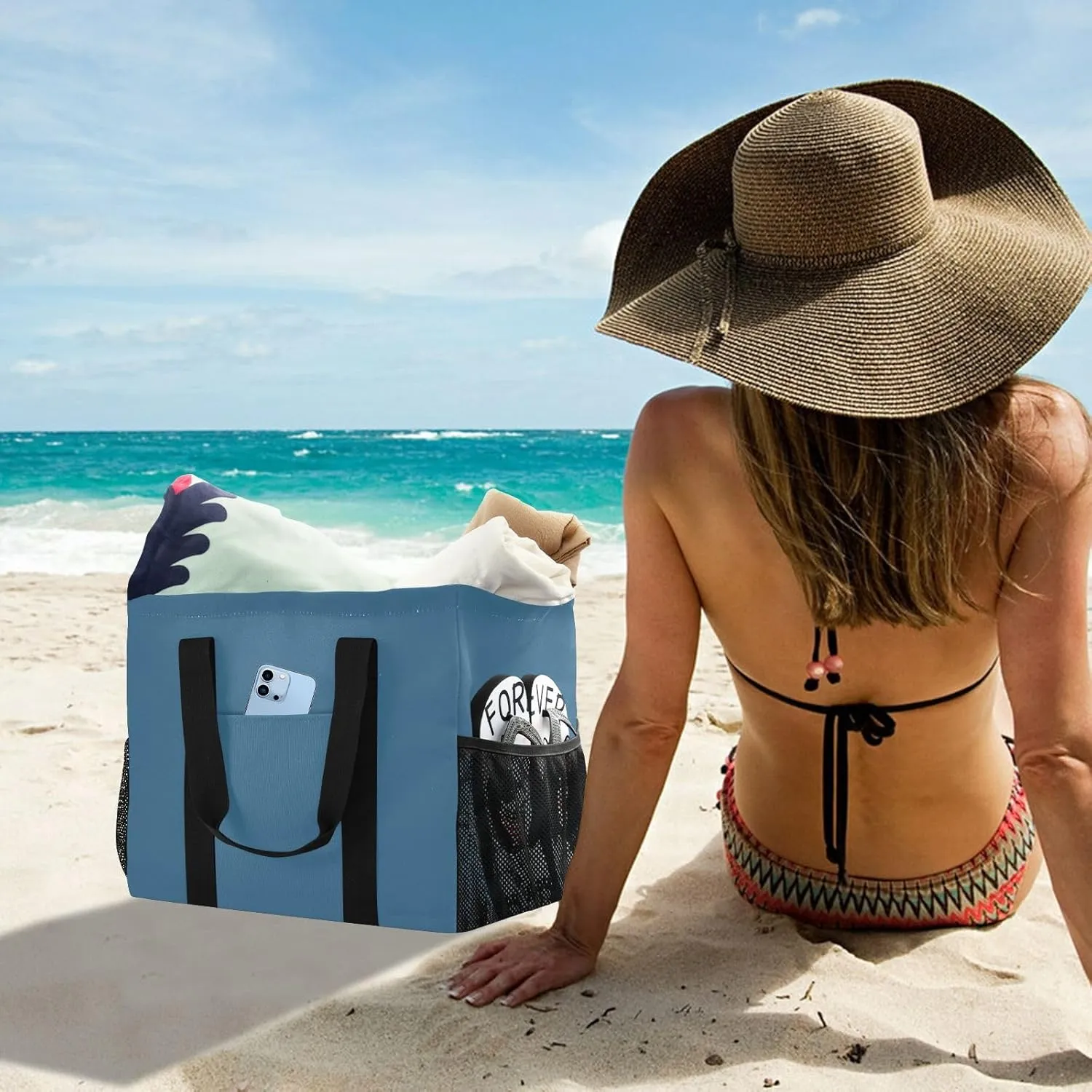 Beach Bag for Women Beige Large Canvas Tote Bag Sandproof Pool Bags with Pocket for Pool Travel Gym Beach