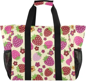 Beach Bag for Women Strawberry Purple Flower Canvas Tote Bag Sandproof Large Pool Bags with Pocket for Travel Beach Gym Pool
