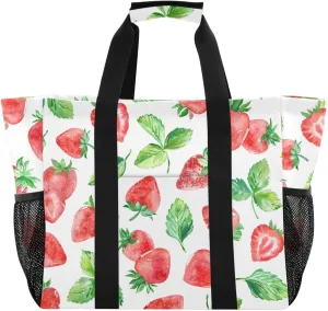 Beach Bag for Women Strawberry Watercolor Sandproof Pool Bags with Pocket Large Canvas Tote Bag for Pool Travel Gym Beach