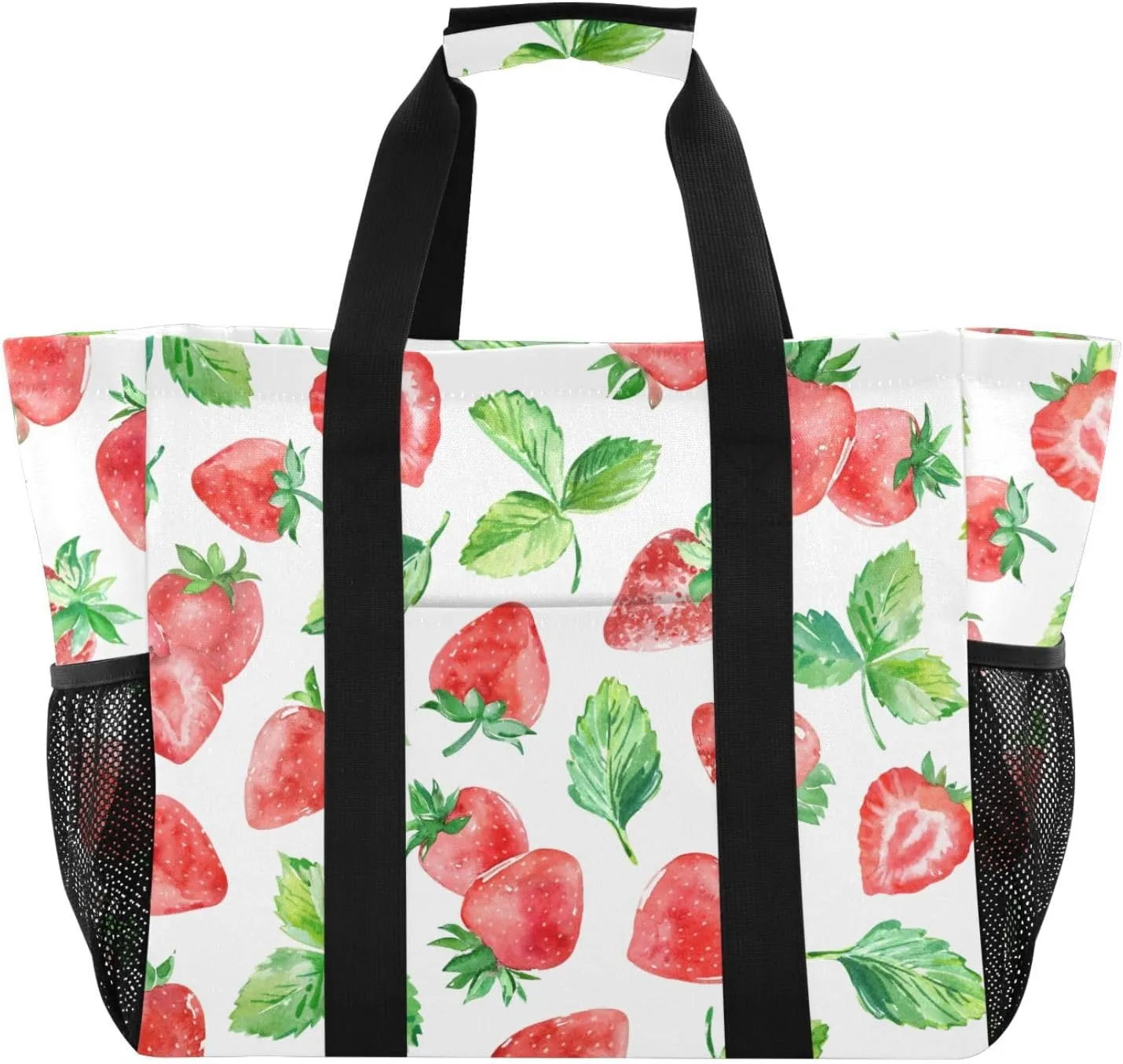 Beach Bag for Women Strawberry Watercolor Sandproof Pool Bags with Pocket Large Canvas Tote Bag for Pool Travel Gym Beach
