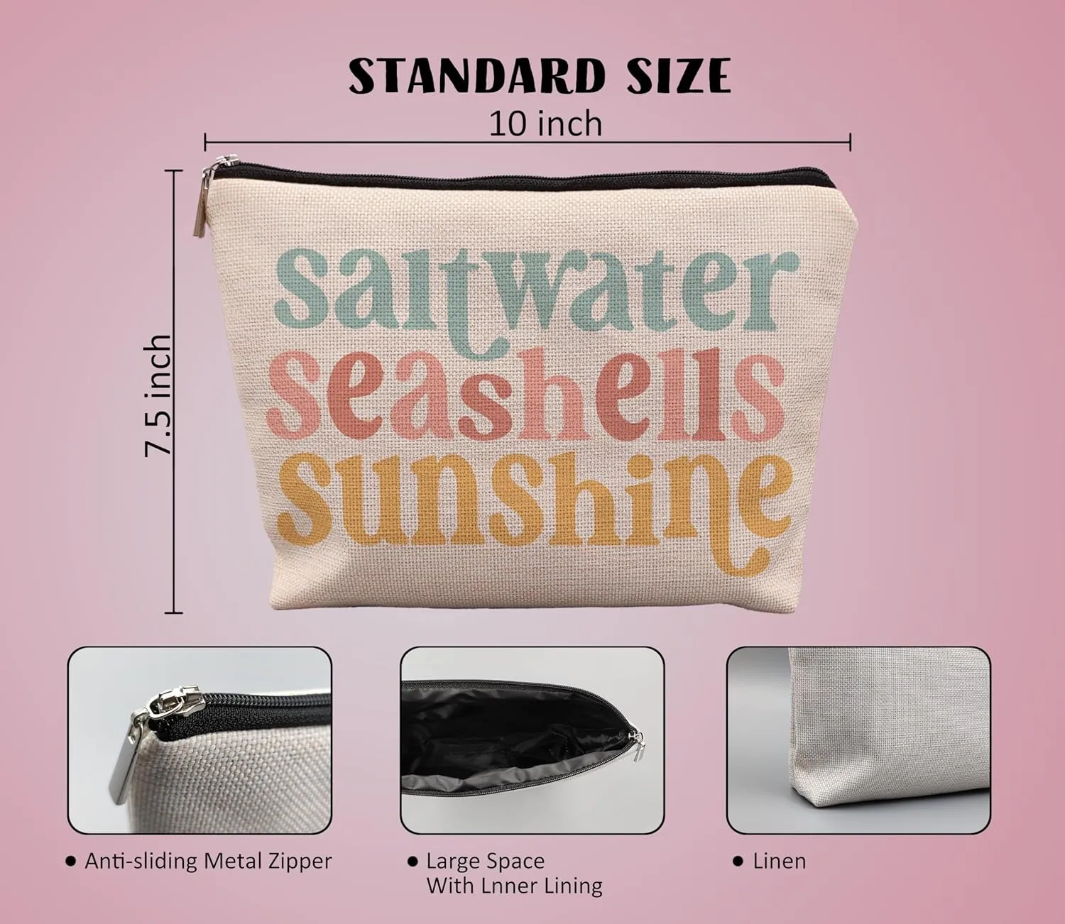 Beach Makeup Bag,Sunscreen Summer Travel Makeup Pouch,Saltwater Seashells Sunshine Travel Cosmetic Zipper Bags for Women,Beach Gifts for Women