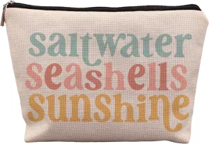 Beach Makeup Bag,Sunscreen Summer Travel Makeup Pouch,Saltwater Seashells Sunshine Travel Cosmetic Zipper Bags for Women,Beach Gifts for Women