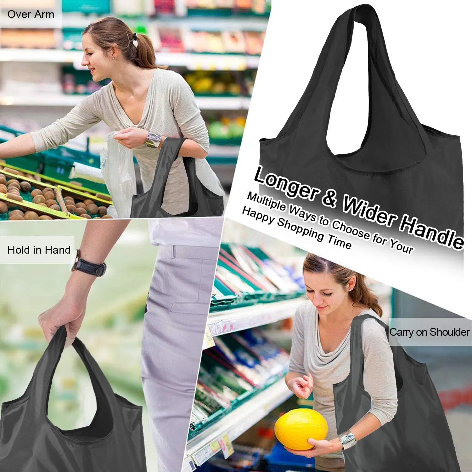 BeeGreen 10 Pack Black Reusable Grocery Bags with Storage Pouch Reusable Shopping Bags Bulk with Elastic Band 50LBS X-Large-Foldable-Washable-Heavy Duty-Waterproof Grocery Tote Bags