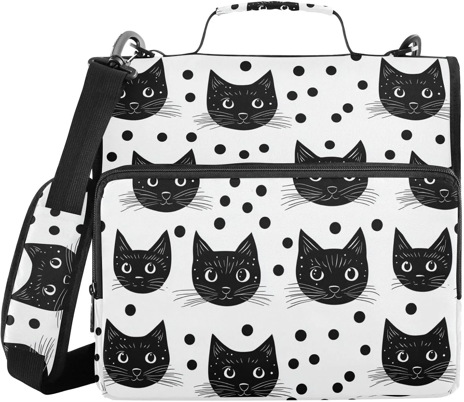 Black Cat Polka Dots Zipper Binder with Shoulder Strap Trapper Keeper 3 Ring Binder Organizer Large Capacity Multiple Compartments for School Office
