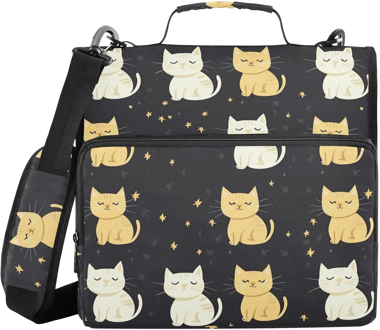 Black Grey Yellow Cat Star Zipper Binder with Shoulder Strap Trapper Keeper 3 Ring Binder Organizer Large Capacity Multiple Compartments for School Office
