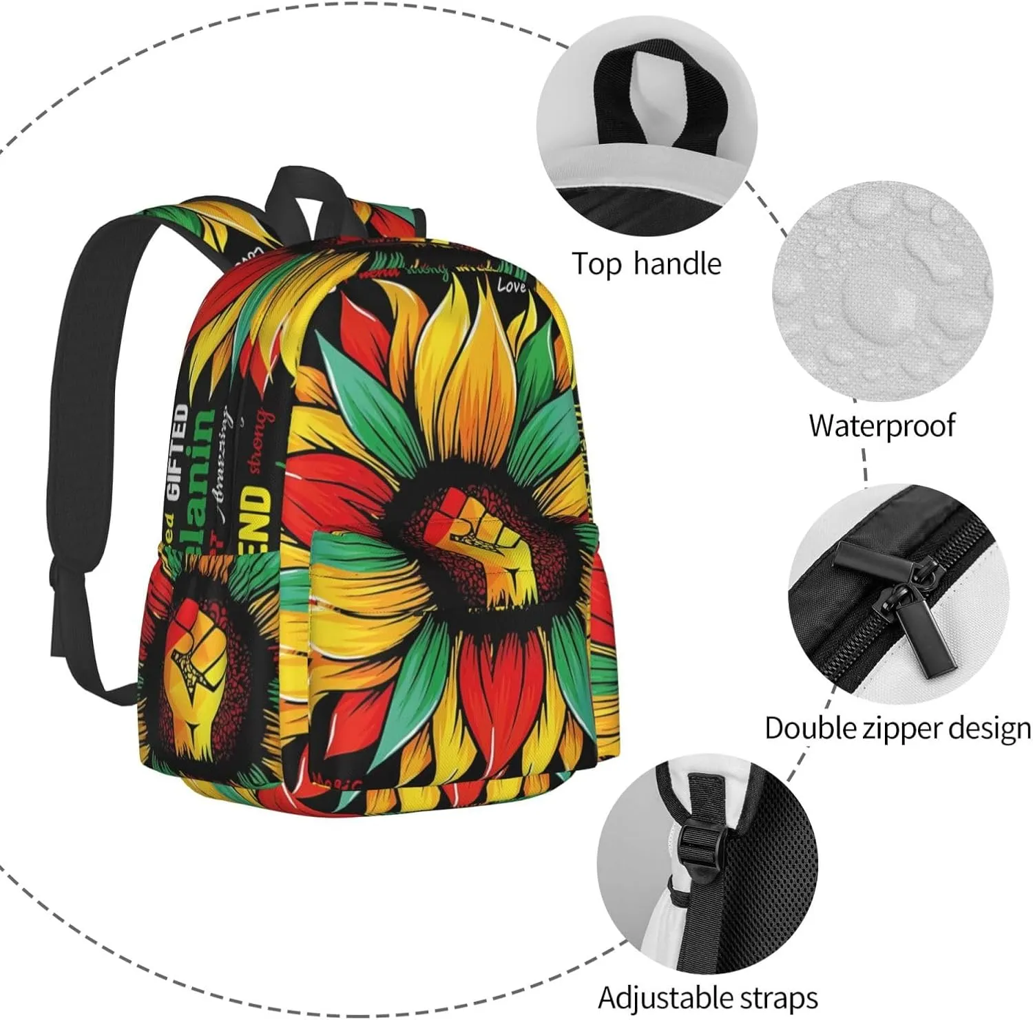 Black History Month African American Pride Celebrate Sunflower Gifts Backpack Casual Laptop Backpack Large Capacity Double Shoulder Bag Travel Daypack For Women Men