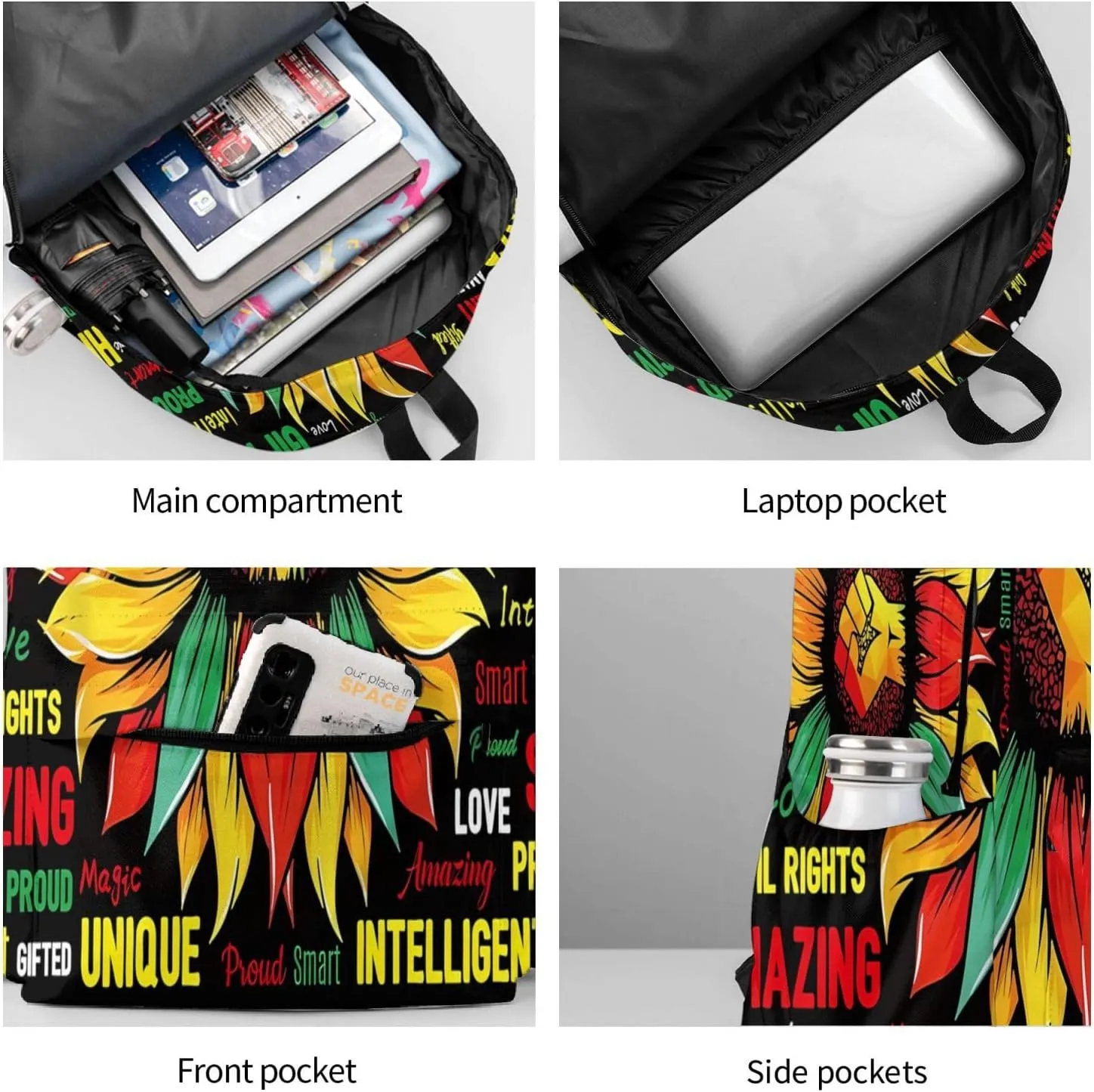 Black History Month African American Pride Celebrate Sunflower Gifts Backpack Casual Laptop Backpack Large Capacity Double Shoulder Bag Travel Daypack For Women Men