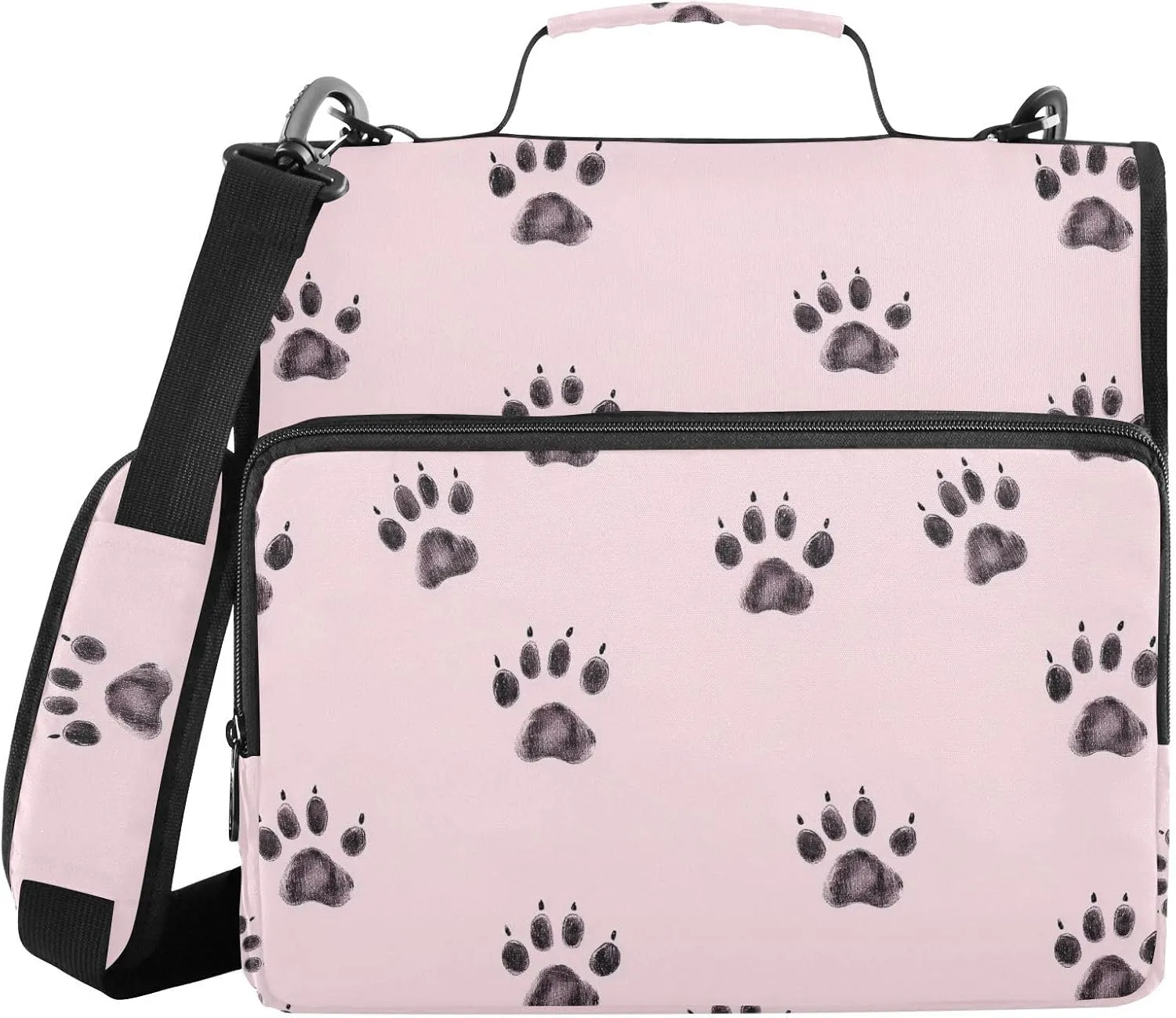 Black Paw Print Doodle Zipper Binder with Shoulder Strap Trapper Keeper 3 Ring Binder Organizer Large Capacity Multiple Compartments for School Office