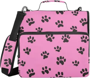 Black Paw Prints Pink Zipper Binder with Shoulder Strap Trapper Keeper 3 Ring Binder Organizer Large Capacity Multiple Compartments for School Office