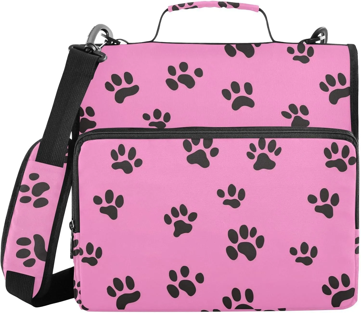 Black Paw Prints Pink Zipper Binder with Shoulder Strap Trapper Keeper 3 Ring Binder Organizer Large Capacity Multiple Compartments for School Office