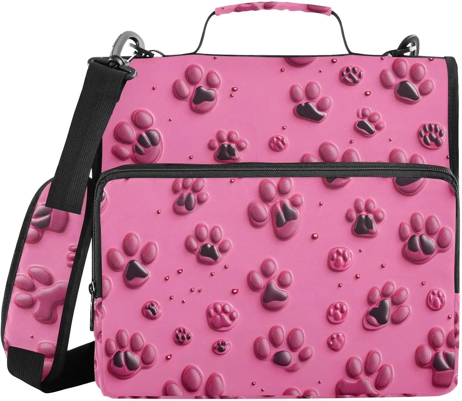Black Pink Cat Paw Print Dots Zipper Binder with Shoulder Strap Trapper Keeper 3 Ring Binder Organizer Large Capacity Multiple Compartments for School Office