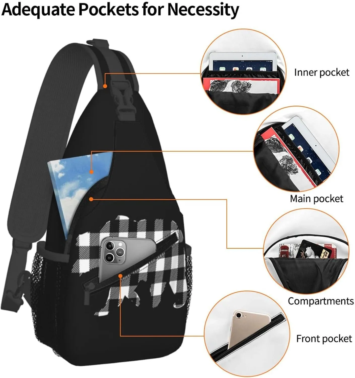 Black White Buffalo Plaid Bears Crossbody Bag Cross Chest Bag Adjustable Sling Backpack Sports Gym Shoulder Bags Travel Cycling Daypack Diagonally Casual Rucksack