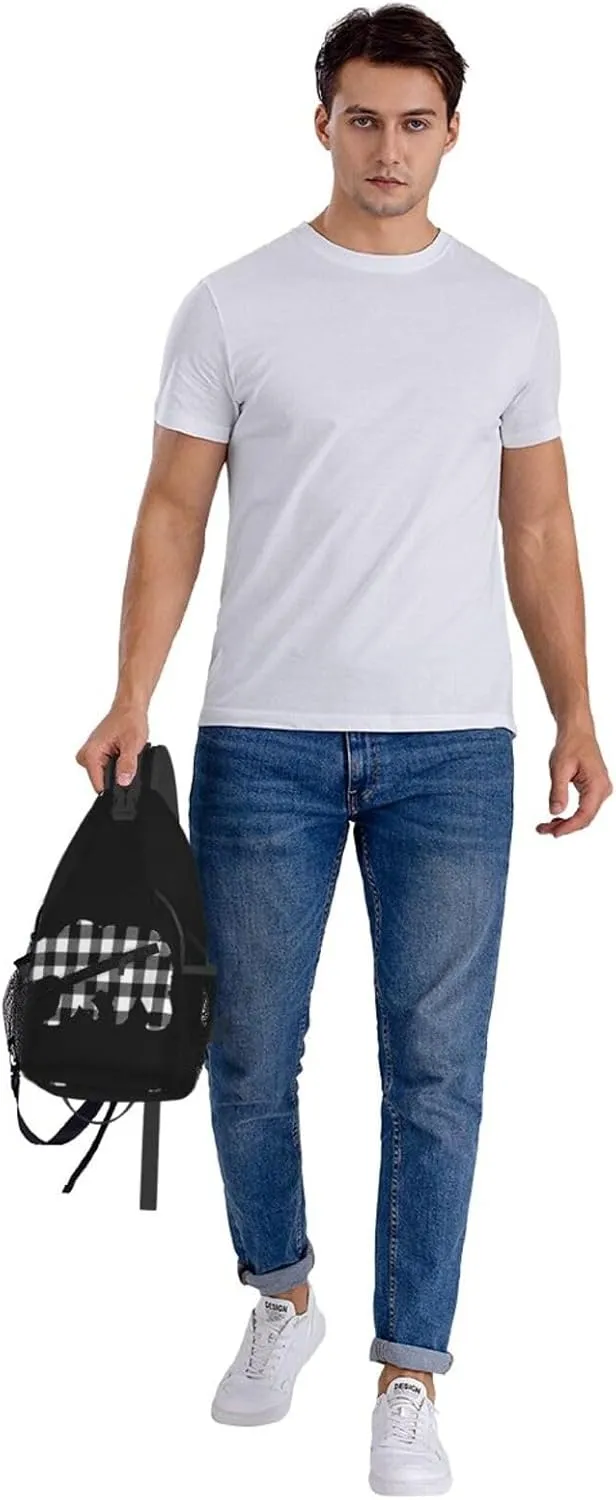 Black White Buffalo Plaid Bears Crossbody Bag Cross Chest Bag Adjustable Sling Backpack Sports Gym Shoulder Bags Travel Cycling Daypack Diagonally Casual Rucksack