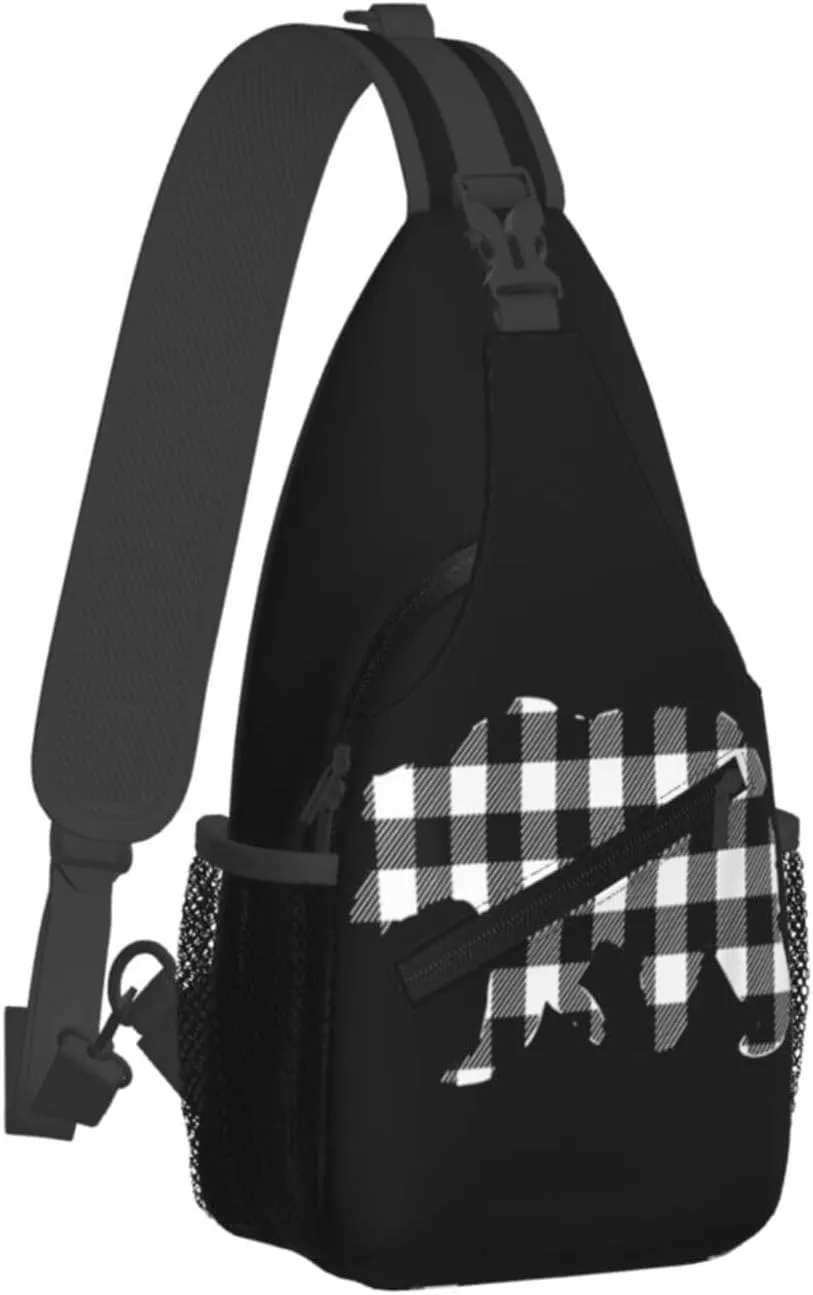 Black White Buffalo Plaid Bears Crossbody Bag Cross Chest Bag Adjustable Sling Backpack Sports Gym Shoulder Bags Travel Cycling Daypack Diagonally Casual Rucksack