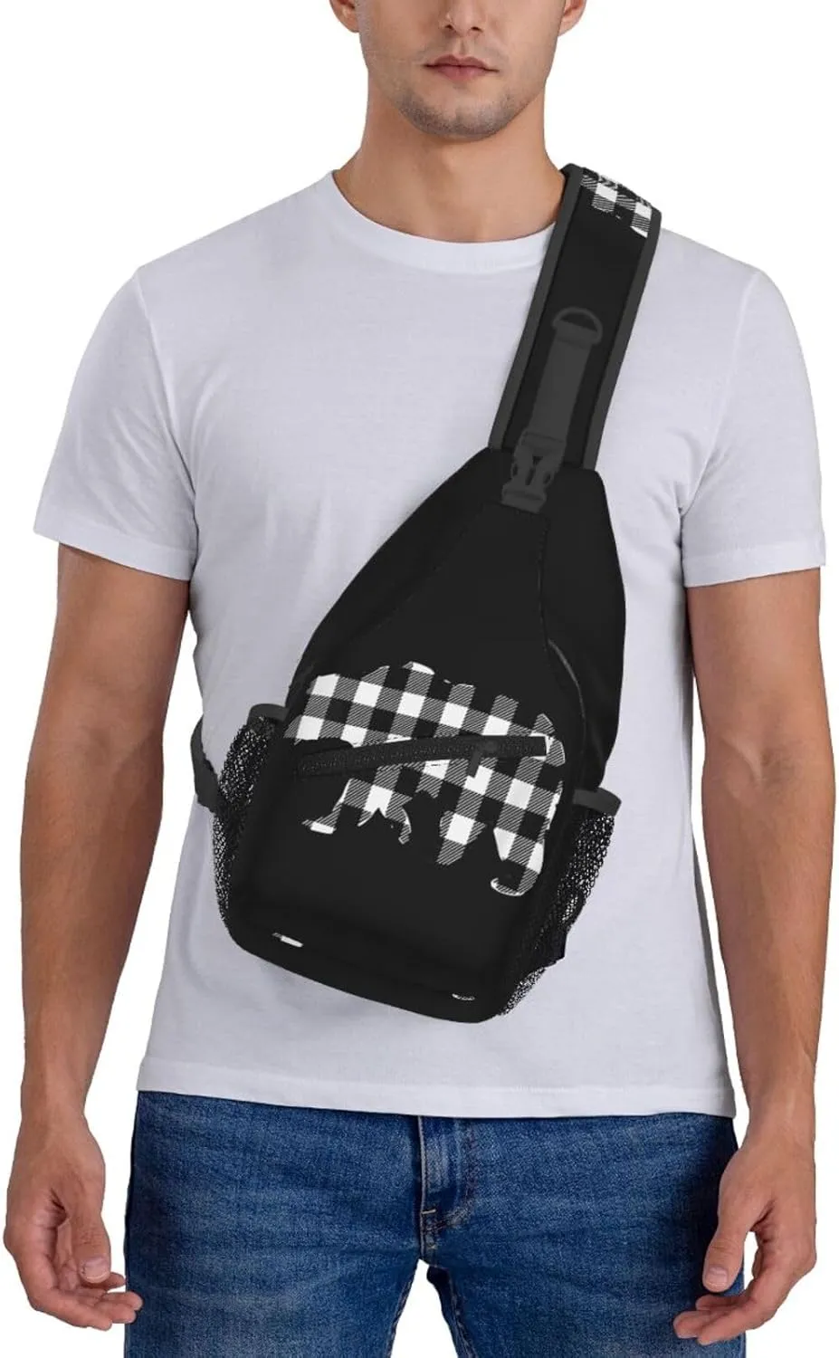 Black White Buffalo Plaid Bears Crossbody Bag Cross Chest Bag Adjustable Sling Backpack Sports Gym Shoulder Bags Travel Cycling Daypack Diagonally Casual Rucksack